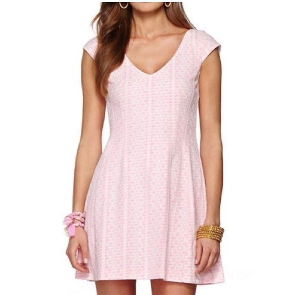 Lilly Pulitzer Pink White Lace Fit & Flare Dress V Neck Size Small - Picture 11 of 11